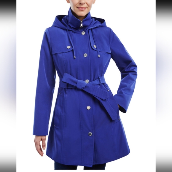 London Fog Women's Hooded Belted Zip-Front Rain Coat Sz:LgColor Ultra Marine EUC - Picture 1 of 8